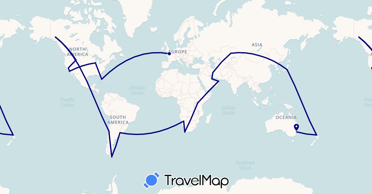 TravelMap itinerary: driving in Argentina, Australia, Bahrain, Canada, Chile, France, Iran, Japan, Kazakhstan, Mongolia, Namibia, New Zealand, Oman, Tanzania, United States, South Africa (Africa, Asia, Europe, North America, Oceania, South America)